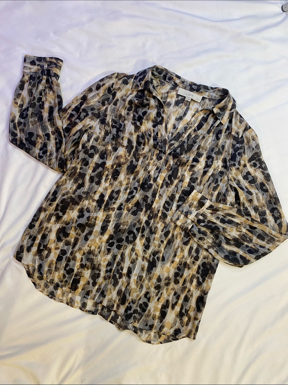 LOFT Petite Brushstroke Animal-Print Blouse - Black, Tan, Cream
